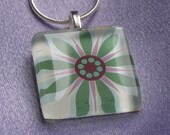 Green Daisy Flower with Aqua and Lavender Scrabble Glass Tile Pendant