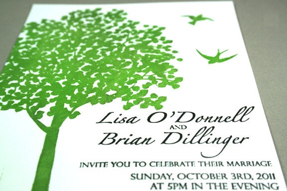 Letterpress Green Tree Wedding Invitation with Birds, customizable