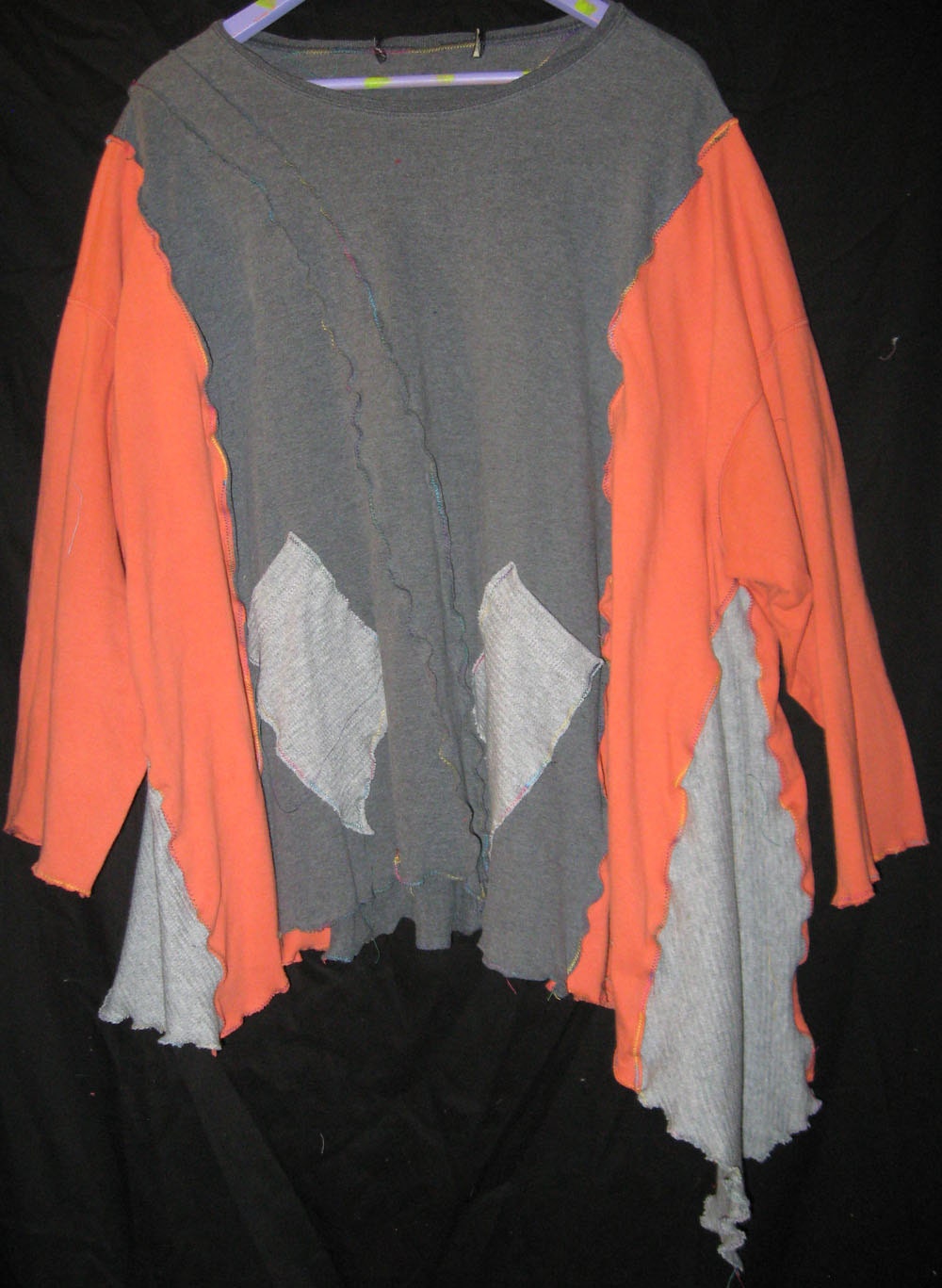 funky over sized Upcycled cotton tunic gray and orange