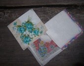 Dreamy floral vintage floral instant hanky collection-hand-tatting-soft retro hankies-1940s-aqua/rainbow