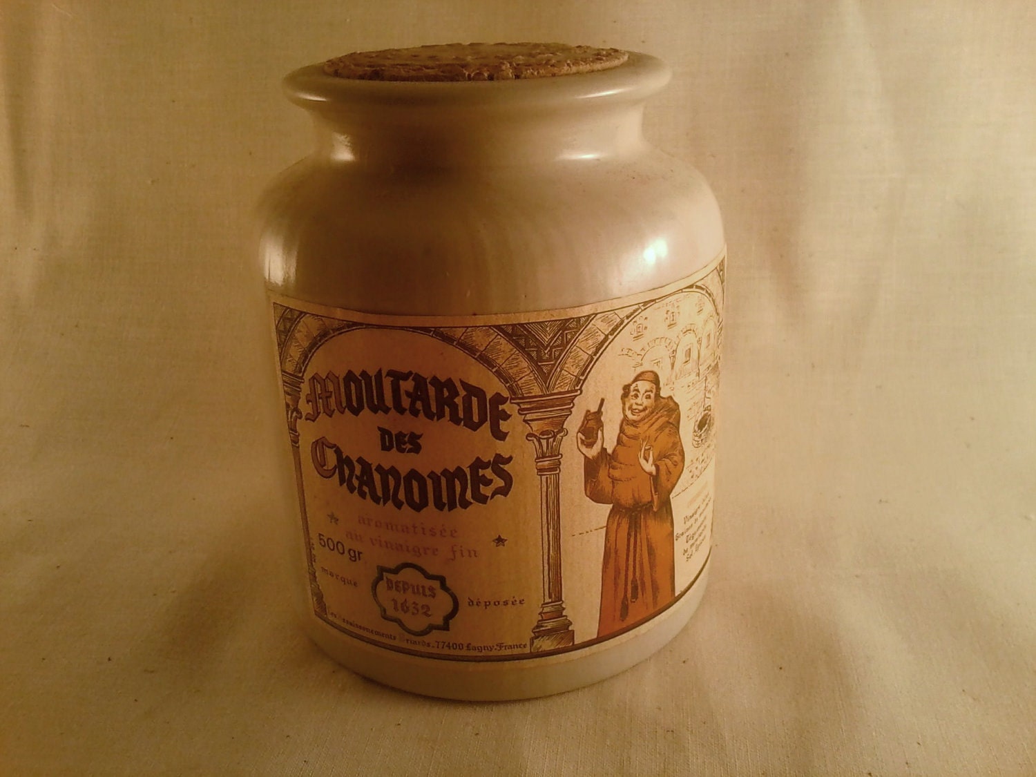 Vintage French farmhouse Mustard crock-Mid-century "moutarde" crock-cork top-Lagny, France