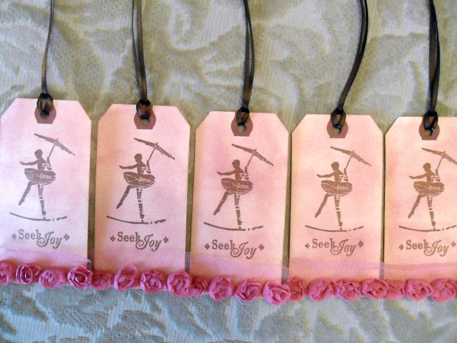 Gift Tags Favor Tags Ballerina with Umbrella on Highwire with Rosettes Girl Birthday Dance