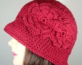 Cloche Hat in Red with 2 Crocheted Flowers