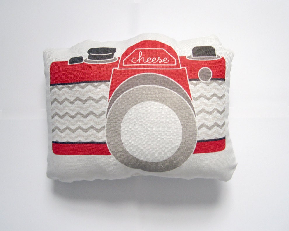 Camera Plush / Pillow in Red, Tan and Brown Chevron by Yellow Heart Art