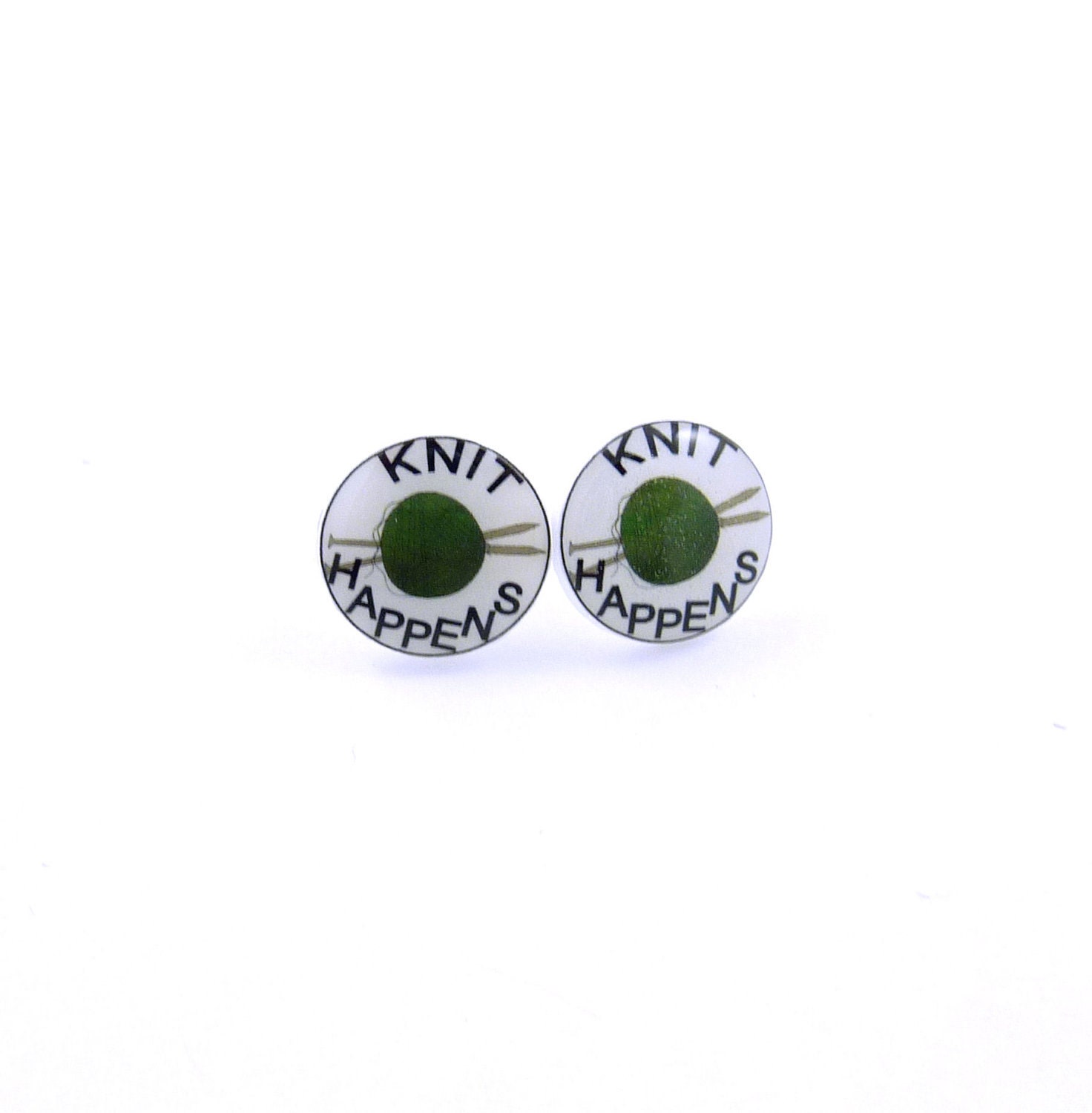 Knitting Earrings.  Handmade Resin Earrings.  Knit Happens Earrings made with my Handmade Buttons.