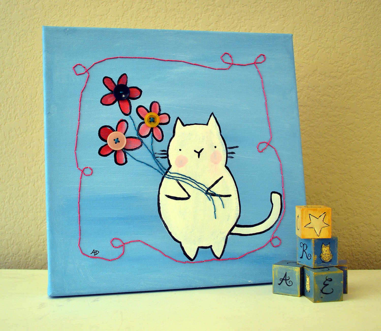 Sewn Acrylic Painting, Whimsical Cat, Artwork for Kids, Wall Art, Nursery Art, Kids Room