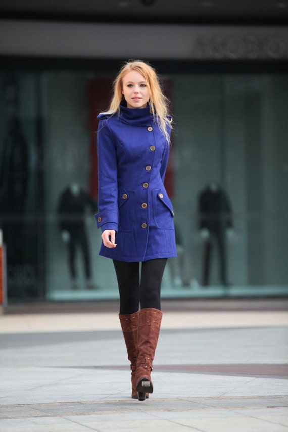 Blue Wool Coat Fitted Cashmere Coat Women Coat Winter Coat  -  NC260