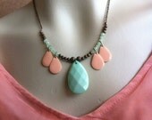 Mint Green and Coral Briolette Pendant and Antiqued Brass Necklace, Soft Science
