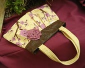 IN STOCK Ultrasuede Hand Painted Pleated Handbag with PInk Cherry Blossoms on Butter Yellow and Faux Leather Trim