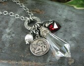 Upcycled Jewelry - Our Love is "Crystal Clear" Necklace with Antique Chandelier Crystal, Cherub Charm, Swarovski Red Heart and White Pearl