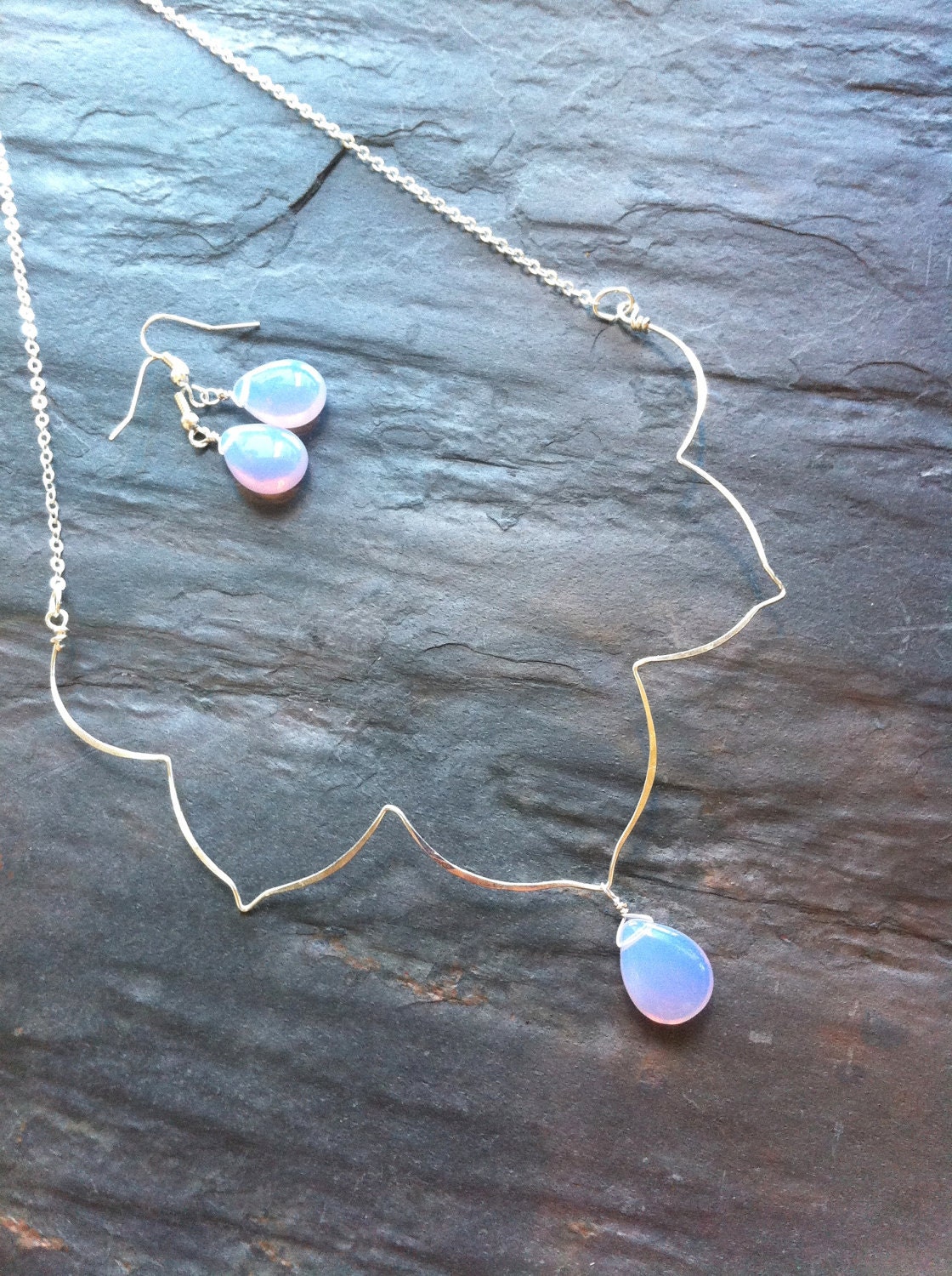 Silver Delicate Flower Necklace and Earring Set with Periwinkle Teardrop Beads, Remember the Lotus