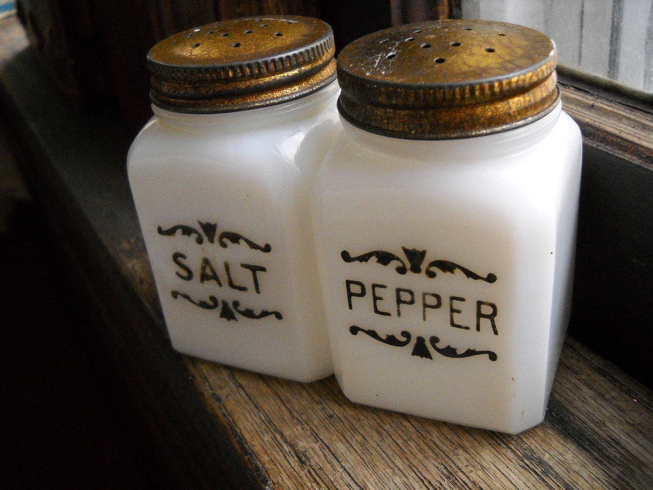 Vintage Kitchen Salt and Pepper Shakers - 1920's, 1930's Depression Era - Milk Glass Spice Jars