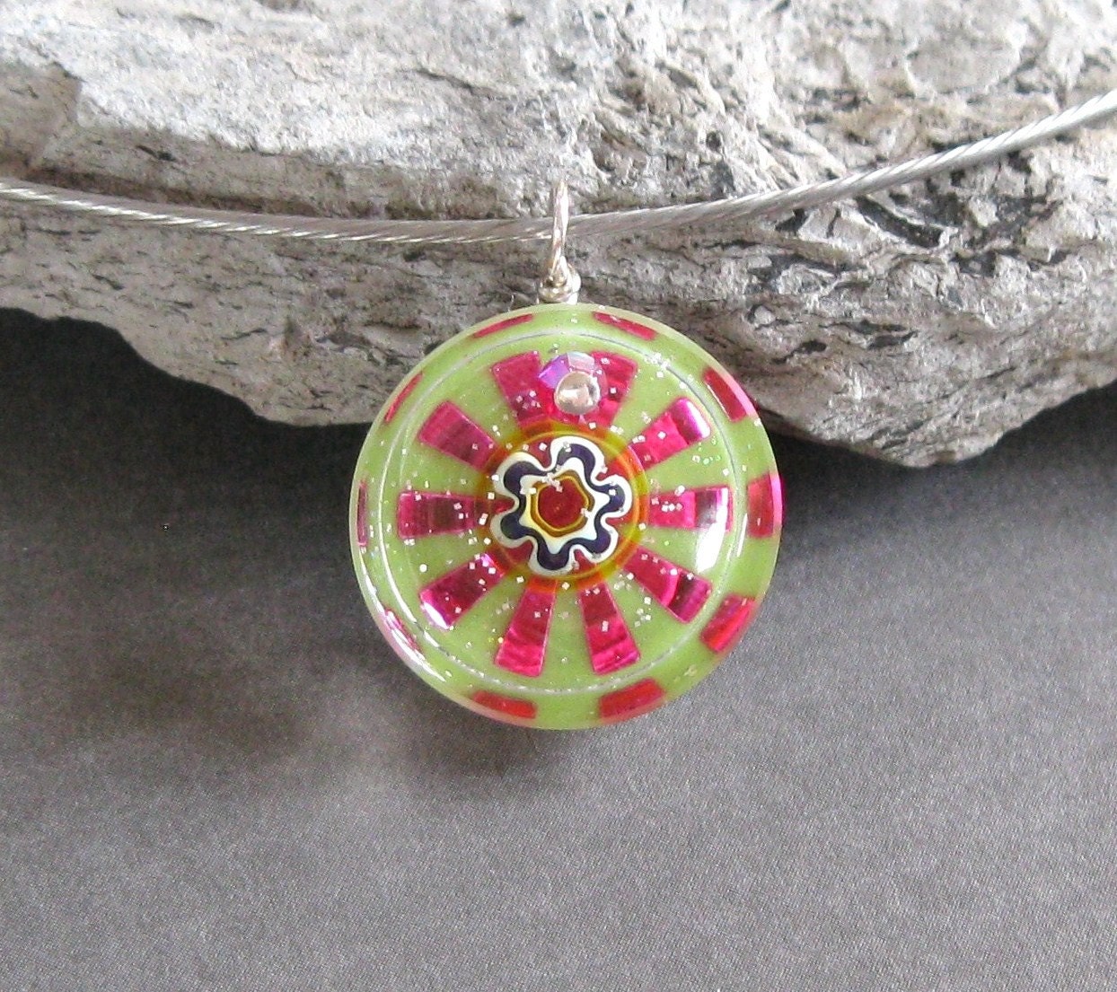 Pink and Green Funky sterling silver swarovski pendant necklace Hippie Chic Boutique