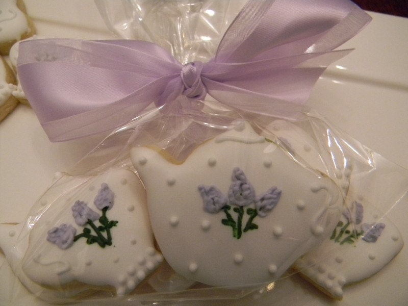 One Dozen Teapot Teacup Teaparty Favors  Lavender Lilacs Three cookies in each - sugarplumtea