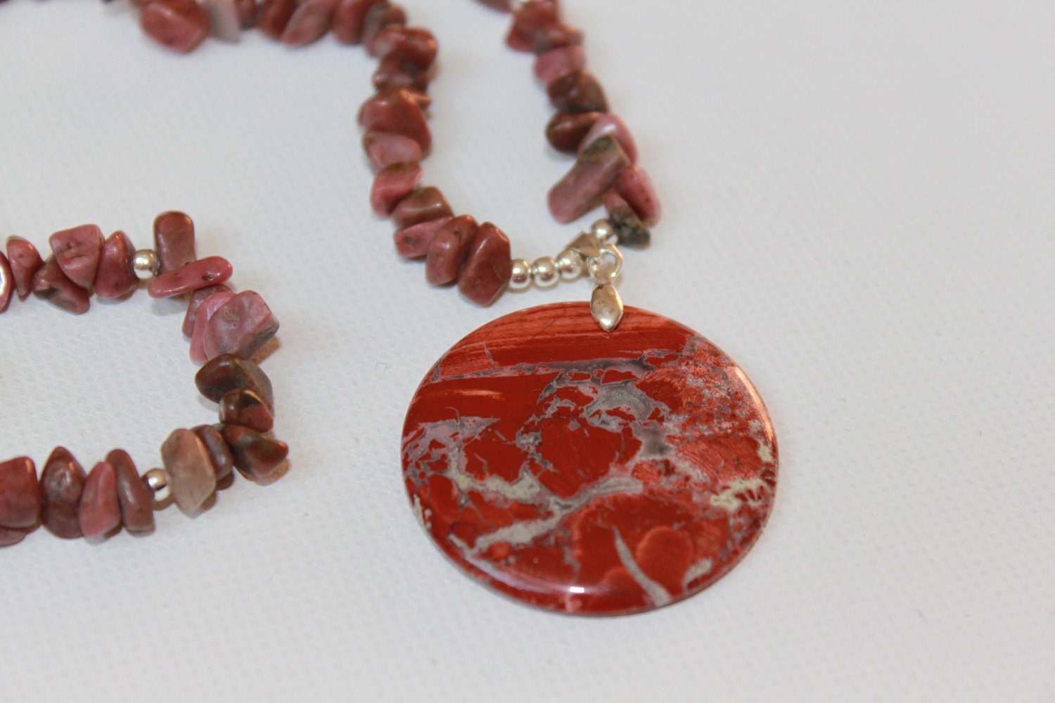 Jasper Gemstone Pendant Necklace with Silver Plated Beads - Ready To Ship