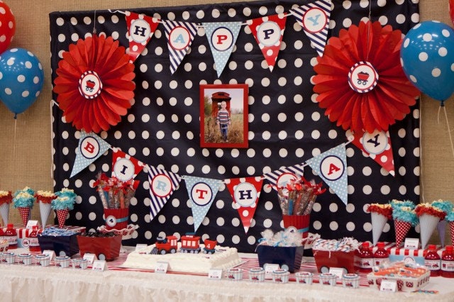 CHOO CHOO Train Birthday Party - Aqua Red Navy Coordinating Train Printables - Customized Printable Package