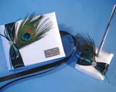 Peacock Wedding Guest Book and Pen Set in White or Ivory with Custom Colors and Personalized Engraving