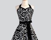 Womens Sweetheart Hostess Apron - Sexy Retro Ruffled Michael Miller Ironworks Black and White Swirls