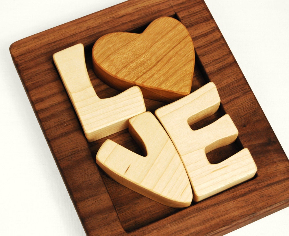 Love Puzzle, hand-cut wood puzzle in walnut, cherry and maple, gift for weddings or loved ones