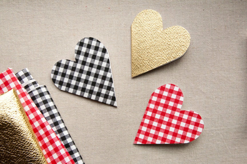 Gold and Gingham Fabric & Paper Blank Valentine Cards Set of Three