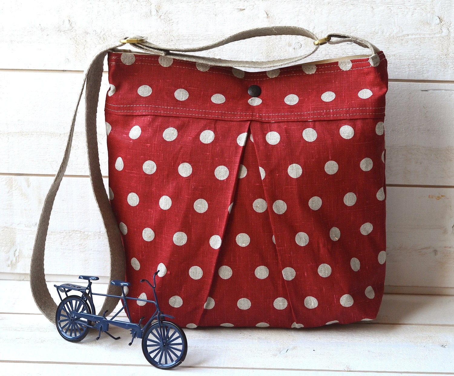 Medium Diaper bag / Shoulder Bag / Cross body bag -Eco Polka dots deep Red Ecru Linen SPRING FASHION