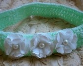Crochet headband with flower in mint with white lace flowers,headpiece