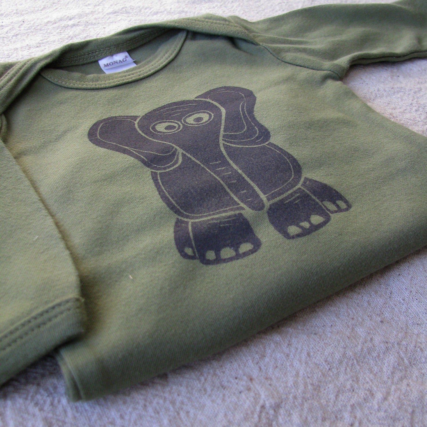 Lino cut Elephant Onesie, Handdyed, Handprinted, 0 to 3 Month Size