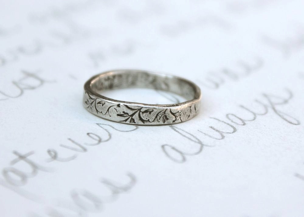 purity ring . true love will wait ring . vine textured silver skinny band . thin stacking . custom size personalized ring by peacesofindigo