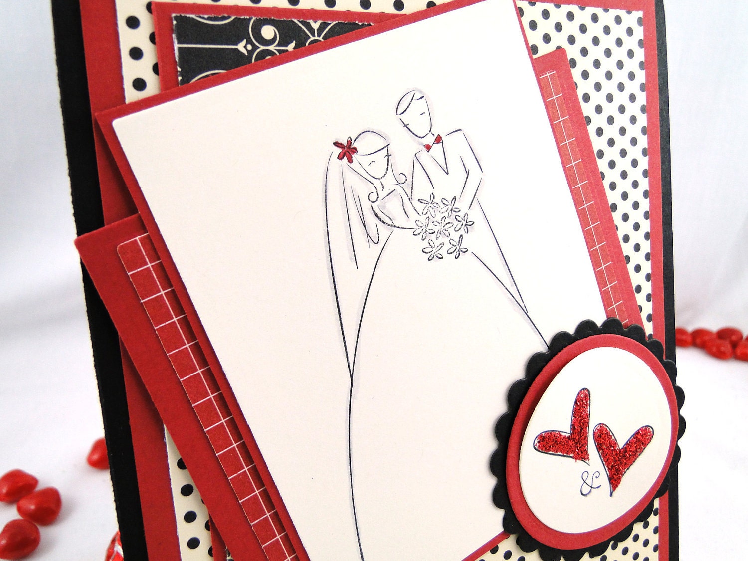 Wedding greeting card- black red and ivory