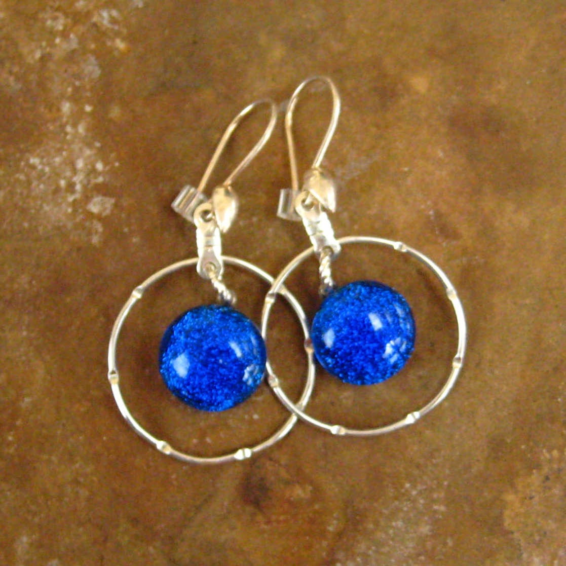 Cobalt Blue Dichoric Glass Hoop Earrings, Fused Glass Earrings