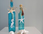 Beach Decor Decorative Bottles - Nautical Bottles  in Turquoise Aqua w Starfish & Shells - Set of 2