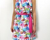 Multicolor halter dress with matching purse - jungle birds pattern - kawaii - pink white blue yellow green - XS/S US 4/6 - by Bartinki