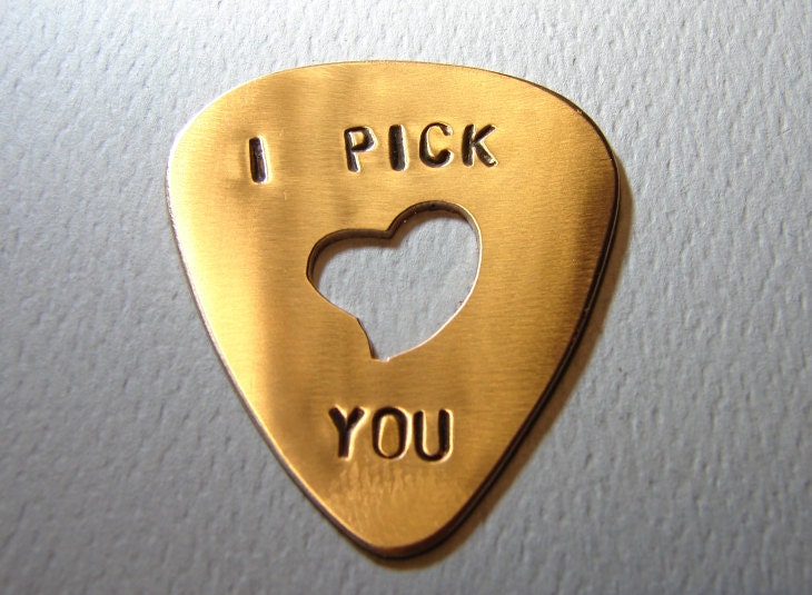Bronze Guitar Pick I Pick You with Heart Cut Out