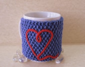 Cup Cozy, Mug Cozy, Tea Cup Cozy Blue with Red Heart and Wood Tree Branch Button