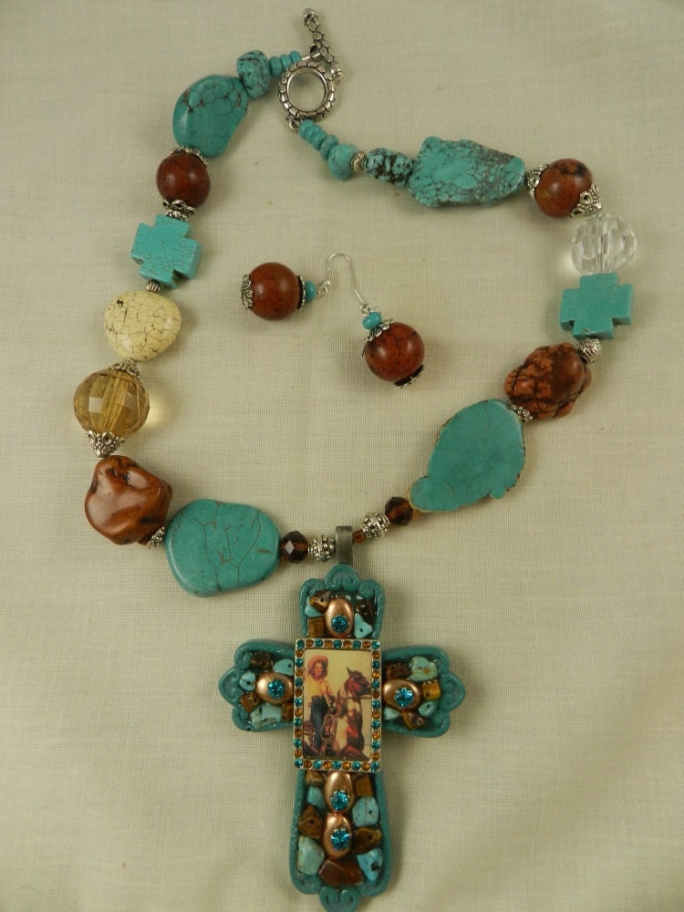 Western Cowgirl Cross Turquoise Necklace