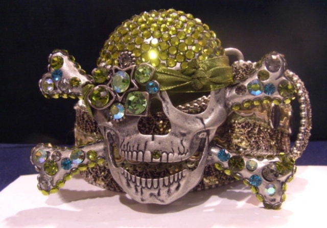 Peridot Green Swarovski Crystal Designer Pirate Skull Belt and Buckle removable Collectible