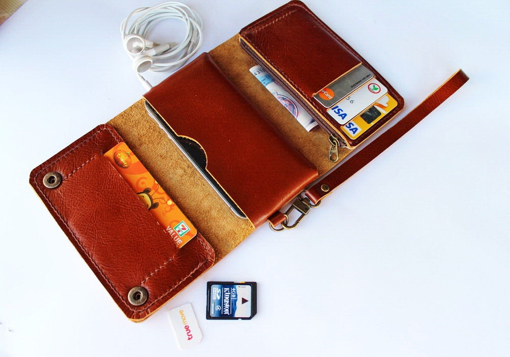 Brown Trifold leather wallet case Wristlet  Genuine cow leather for iPhone4 with zipper