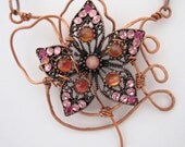 copper Wrapped Pink Rhinestone Flower Necklace