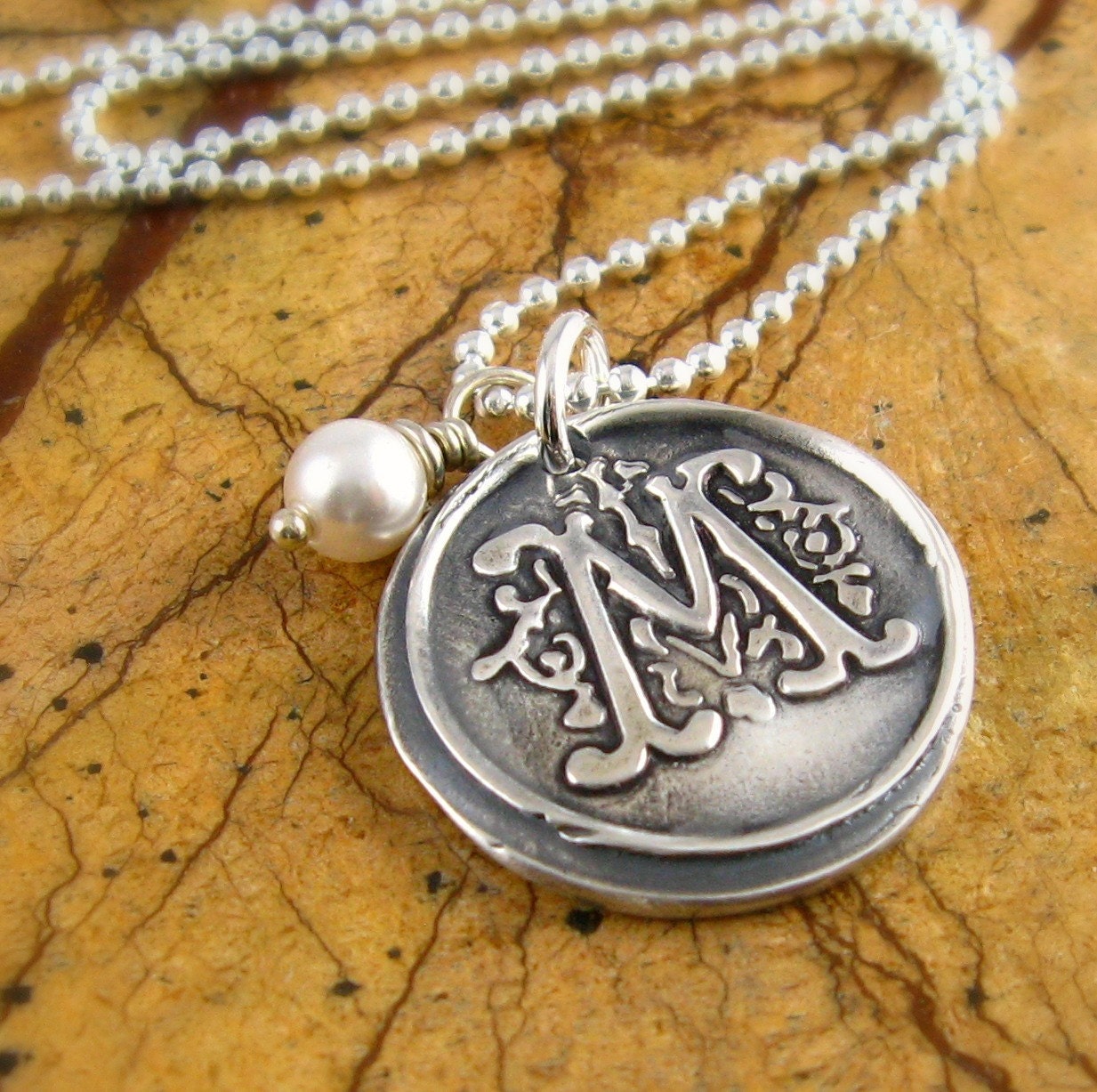 Silver Wax Seal Monogram Necklace Silver Letter Necklace Swarovski Crystal Birthstone Necklace Personalized Initial Fine Silver PMC Pendant