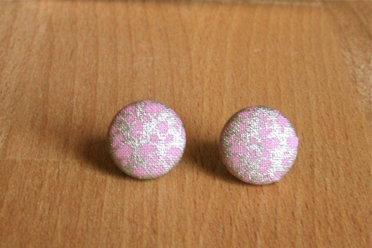 Silver with Pink Splatter Fabric Button Earrings