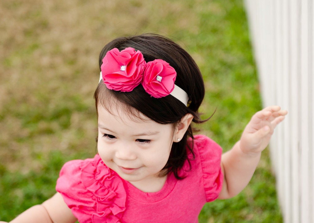 Classic Dual Fabric Flower Headband in Dark Pink