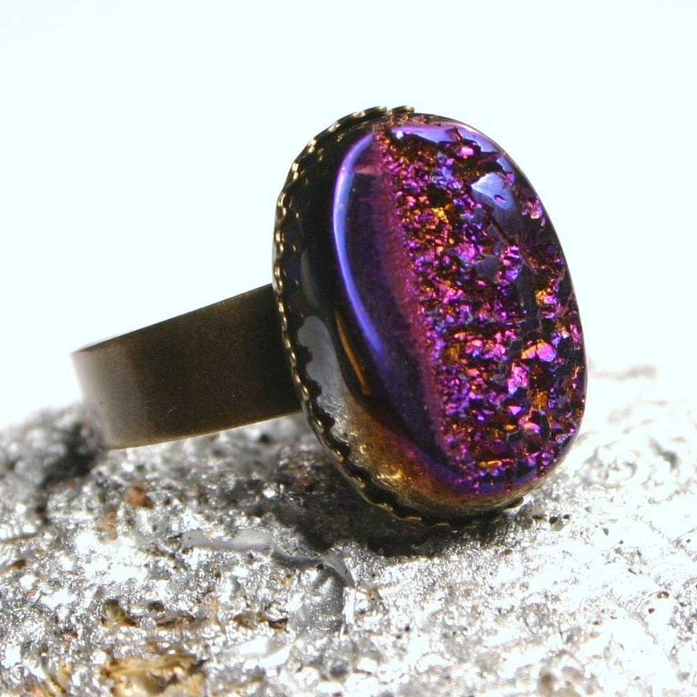Orion ... Druzy Drusy Ring Metallic Berry Merlot Titanium Agate Quartz on Antiqued Bronze ... Adjustable Druzy Ring