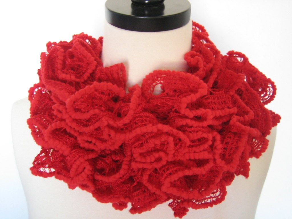 Hand knitted red, valentine,ruffle scarf,  very soft scarf, new, ready to ship