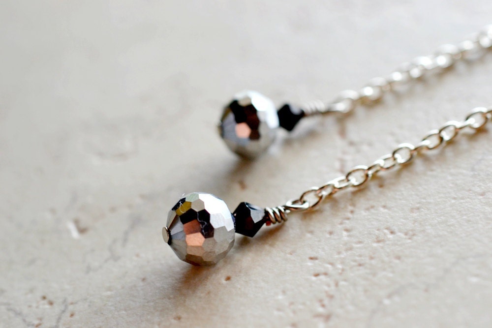 Stiletto Earrings, Silver, Minimalist, Metallic Dangles with Chains