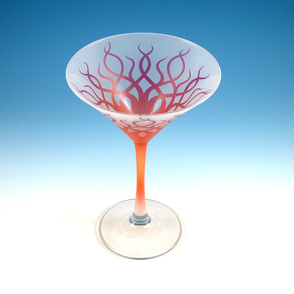 Frosted Martini Glass - Strands - Custom Painted - Purple and Red with Copper Metal Flake