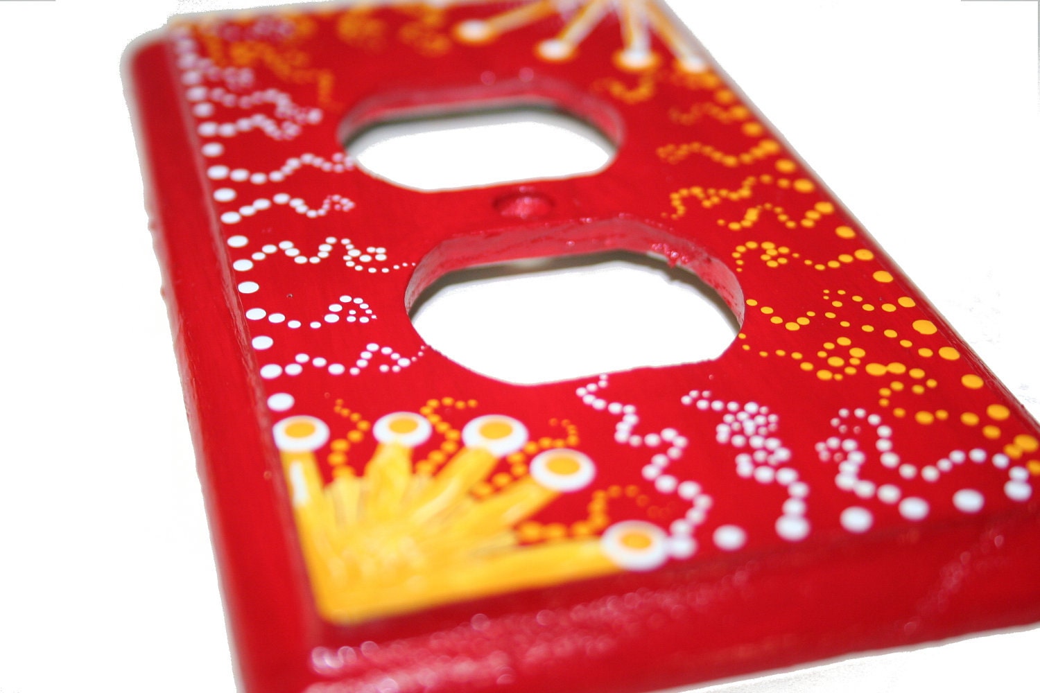 Hand Painted Duplex Outlet Cover Plate-Red with Yellow Suns and White Polka Dots