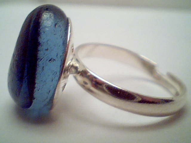 Genuine multi colored blue half round beach sea glass ring ajustable size handmade