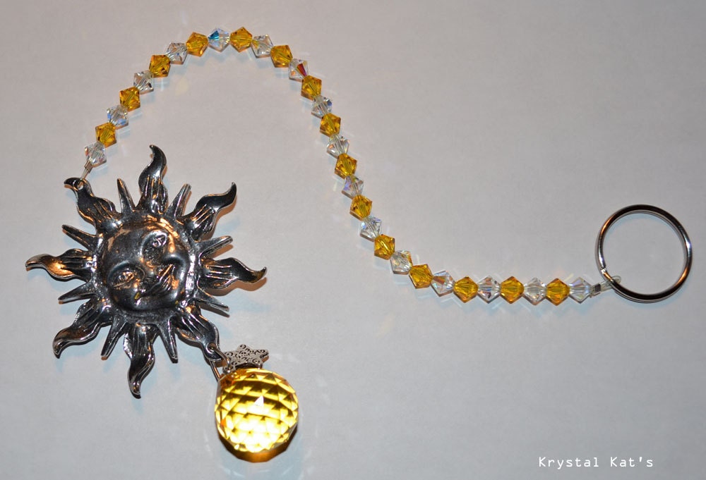 12" Long 31 Beaded Golden Sunny Sun Pewter Beaded Colorful Crystal Suncatcher for Magical Dancing Rainbows