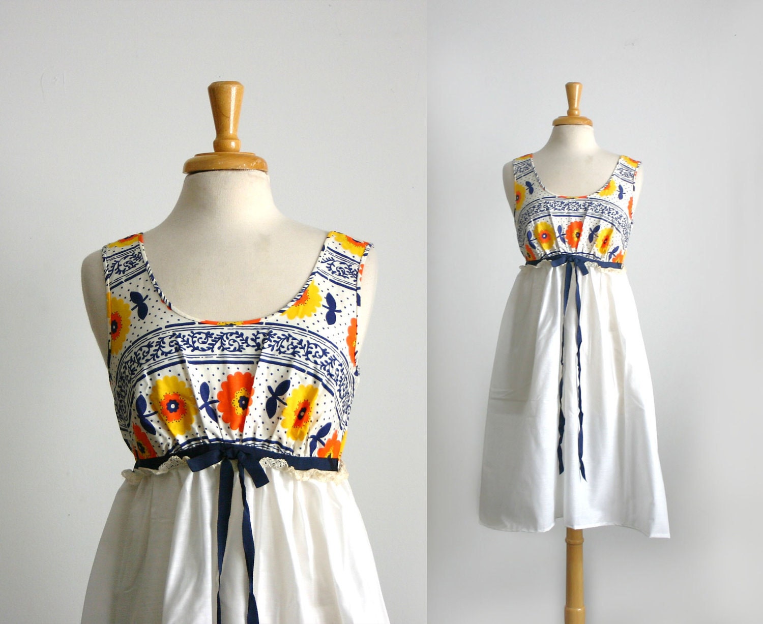 1960s empire waist floral mini dress, size medium