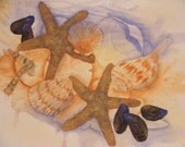 Seashells-Print of Watercolor Painting-Stars, Sand and Shells